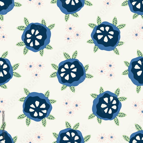 Classic Blue Daisy Floral Posy Motif Background. Naive Blossom Flower Seamless Pattern. Ditsy Elegant Navy Bloom on Cream Beige with Leaf. Hand Drawn Textile. Repeat Illustration Vector EPS 10