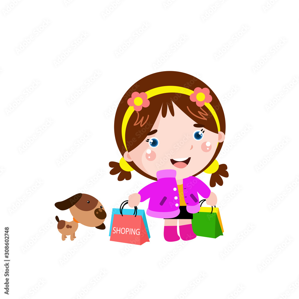 Little Girl Shopping with Dog cartoon Vector Template Design Illustration Little Girl Shopping with Dog cartoon Vector Template Design Illustration