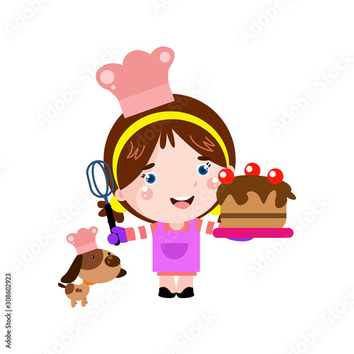 Little girl with dog cooking birthday cake cartoon Vector Template Design Illustration