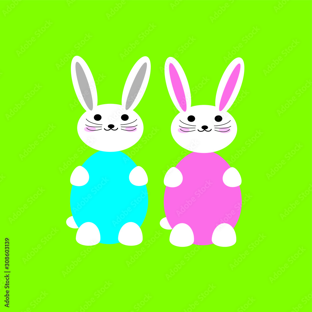 Kawaii style cute Easter bunnies in modern flat design isolated on green background