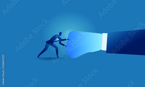 Business work concept illustration about hard work and pressure. Businessman versus big hand businessman try to stop pressing