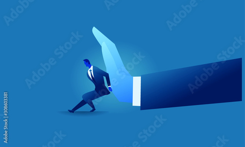 Business work concept illustration about hard work and pressure. Businessman versus big hand businessman try to stop pressing