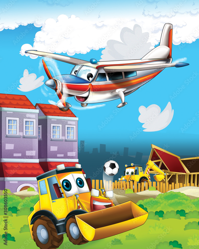 cartoon scene with digger excavator on construction site and flying plane - illustration for the children