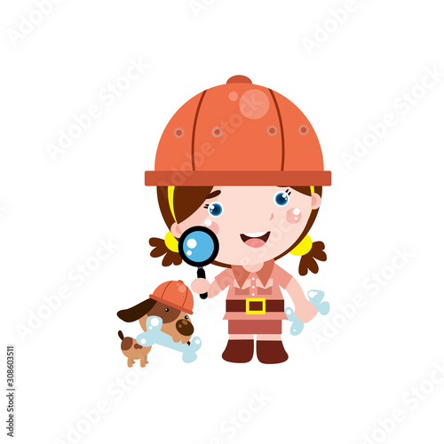 Little Girl Playing with Dog Cartoon Vector Template Design Illustration