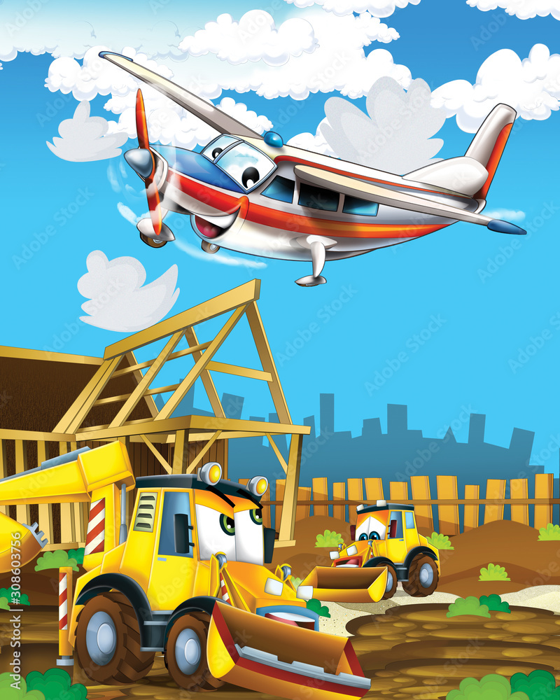 Fototapeta premium cartoon scene with digger excavator on construction site and flying plane - illustration for the children