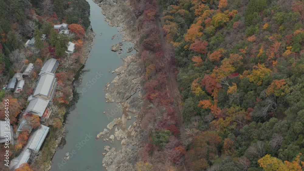 Japanese temple in Arashiyama mountain river with fall colors Aerial view Japanese temple in Arashiyama mountain river with fall colors Aerial view