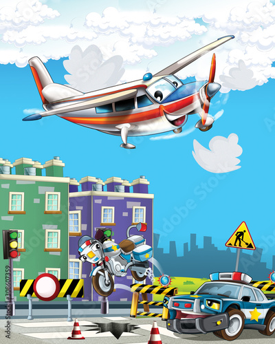 cartoon scene with police car driving through the city and emergency plane flying - illustration for children