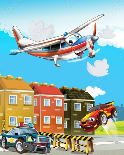 cartoon scene with police car driving through the city and emergency plane flying - illustration for children