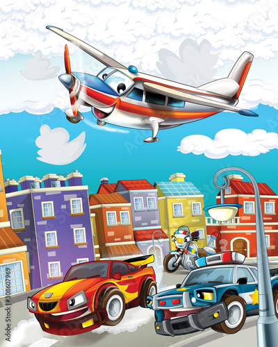 cartoon scene with police car driving through the city and emergency plane flying - illustration for children