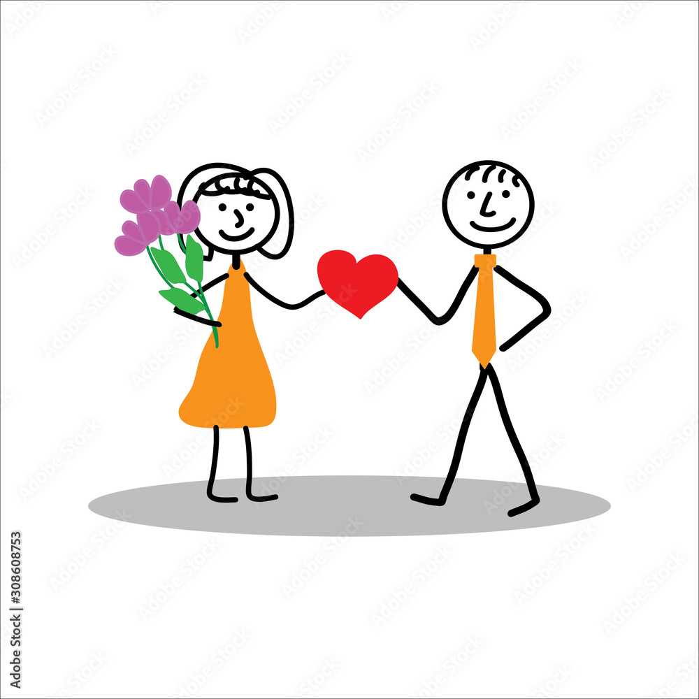 Valentine's day, a pair of happy stickmen with flowers and a heart in their hands Valentine's day, a pair of happy stickmen with flowers and a heart in their hands