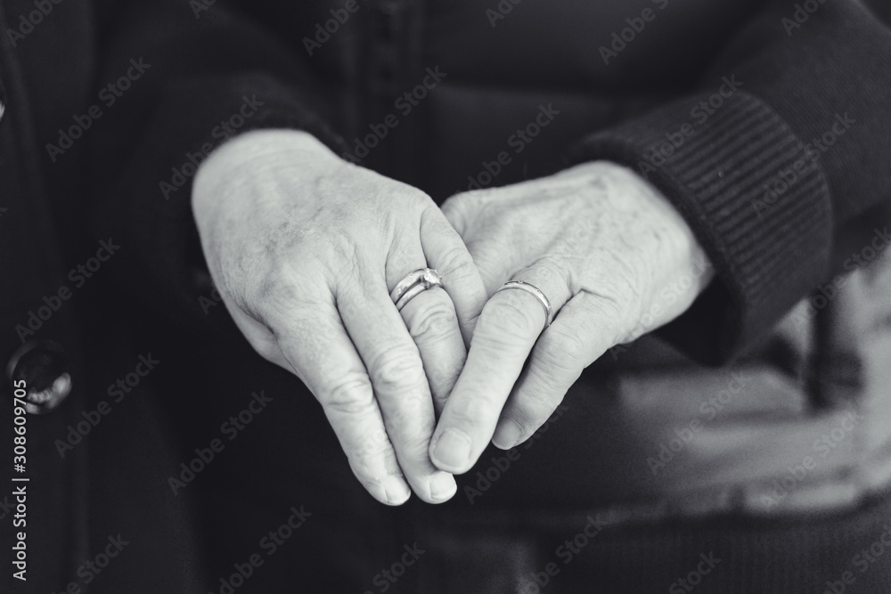 Fototapeta premium old man and woman in love holding hands on their anniversary