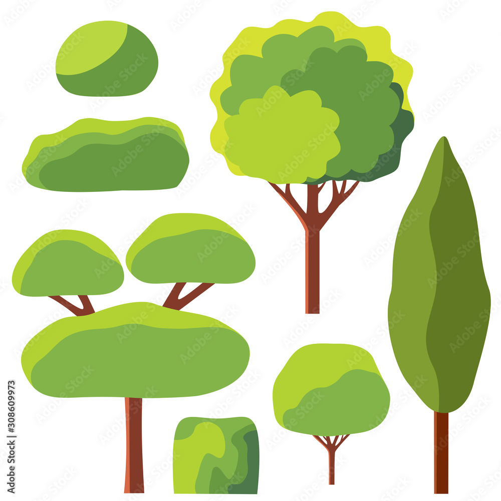 Fototapeta premium Trees and shrubs. Vector illustration. Set of trees and shrubs isolated on white background. Set for design and decor.
