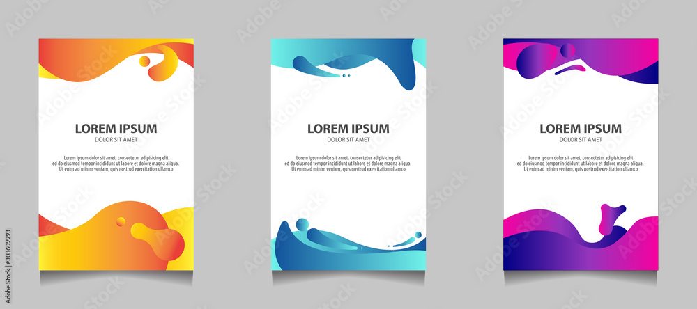Modern vector template for brochure, leaflet, flyer, cover, catalog. Abstract fluid 3d shapes vector trendy liquid colors backgrounds set. Colored fluid graphic composition illustration