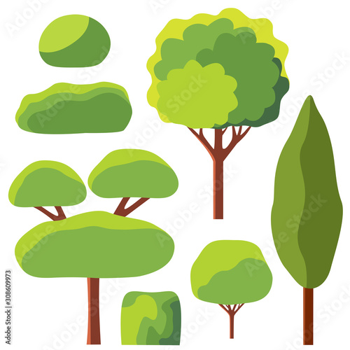 Trees and shrubs. Vector illustration. Set of trees and shrubs isolated on white background. Set for design and decor.