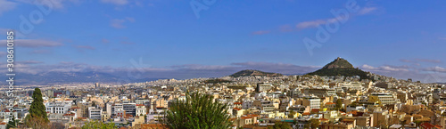 Athens panoramic view with Lycabettus hill from Anafiotika area under Acropolis, Greece.