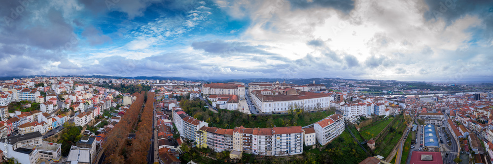 Aerial panorama of Coimbra town and university in Portugal