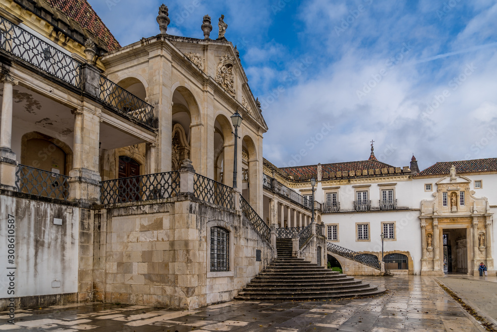 Royal Palace with classicist staircase Bell tower on the main square of Coimbra University Portugal