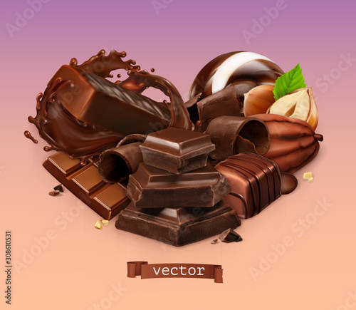 Realistic Chocolate. Chocolate bar, splash, candy, pieces, shavings, cocoa bean and hazelnut. 3d vector