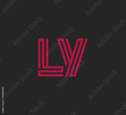 Initial two letter red line shape logo on black vector LY