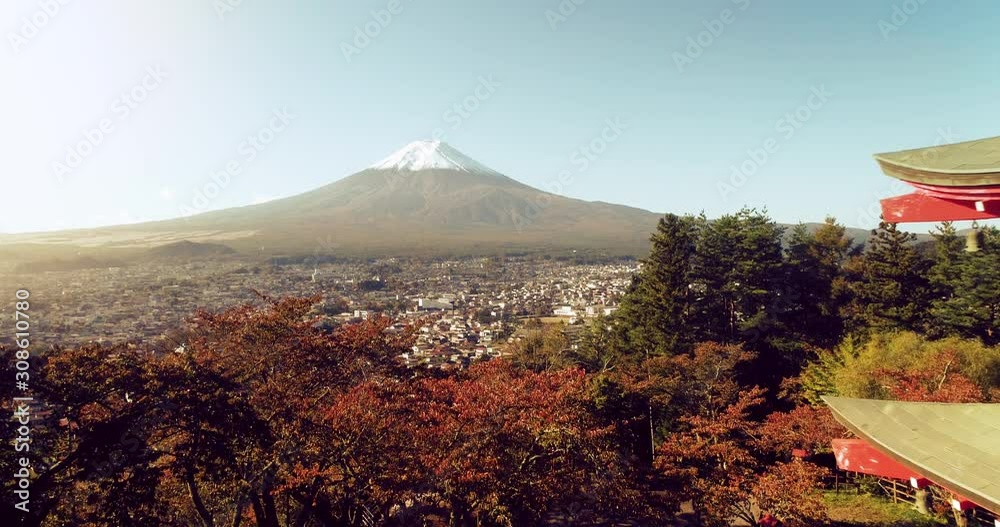 drone shot of Mt. Fuji and Chureito Pagoda at Autumn, Japan.