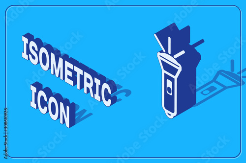 Isometric Flashlight icon isolated on blue background. Vector Illustration