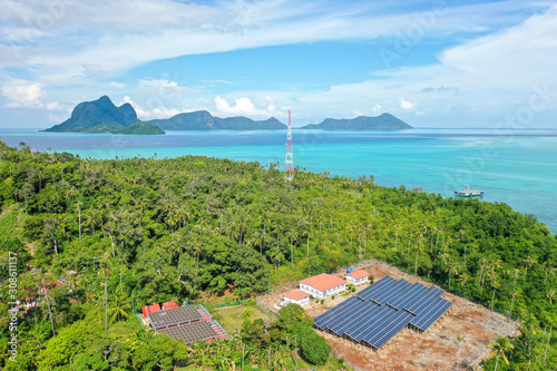 Aerial view of the solar panels for electricity supply at the remote island in Semporna, Sabah, Malaysia.