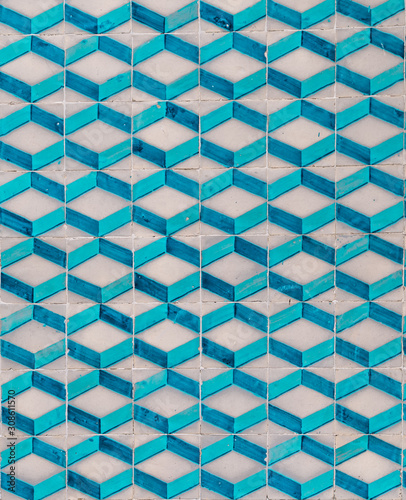 Turquoise  3D like square pattern azulejos tiles from Portugal