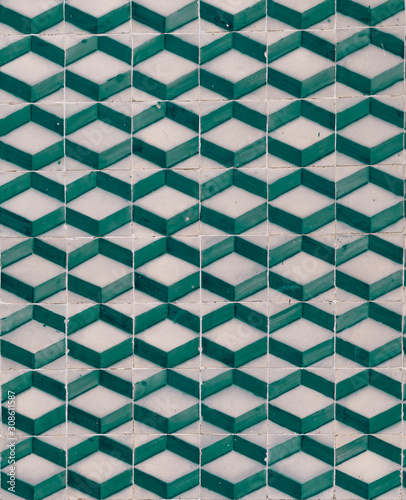 Green 3D like square pattern azulejos tiles from Portugal