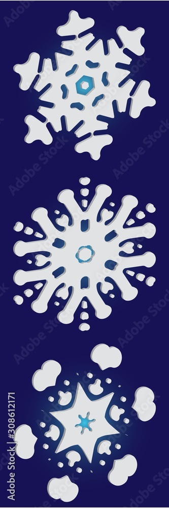 Kit of isolated silhouettes of snowflakes on blue background. Kit of isolated silhouettes of snowflakes on blue background.