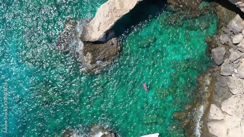 Overhead view of Ayia Napa coastline with Love Bridge. Famagusta District, Cyprus