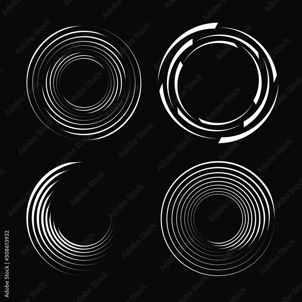 Set of white triangles stripes in circle and spiral form. Black background. Vector shapes. Design element for logo, border frame, sign, symbol, prints, web pages, template and textile pattern Set of white triangles stripes in circle and spiral form. Black background. Vector shapes. Design element for logo, border frame, sign, symbol, prints, web pages, template and textile pattern