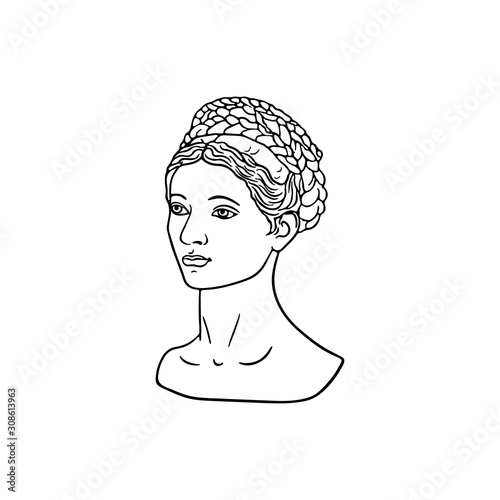 Modern single line art, aesthetic contour. Head sculpture. Woman traditional tattoo flash. Geometric. For posters, tote bag, t-shirts, stickers.