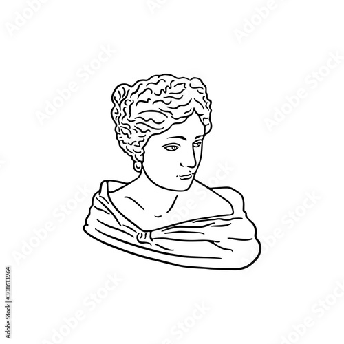 Modern single line art, aesthetic contour. Head sculpture. Woman traditional tattoo flash. Geometric. For posters, tote bag, t-shirts, stickers.