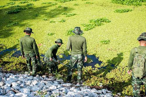 A man wearing a green military uniform  Help clean the water source by removing weeds that float on the water.