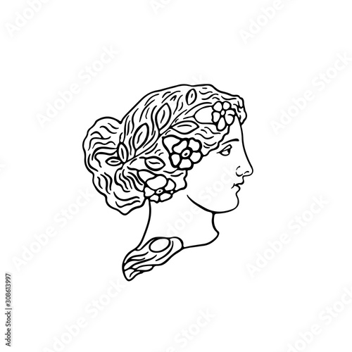 Modern single line art, aesthetic contour. Head sculpture. Woman traditional tattoo flash. Geometric. For posters, tote bag, t-shirts, stickers.