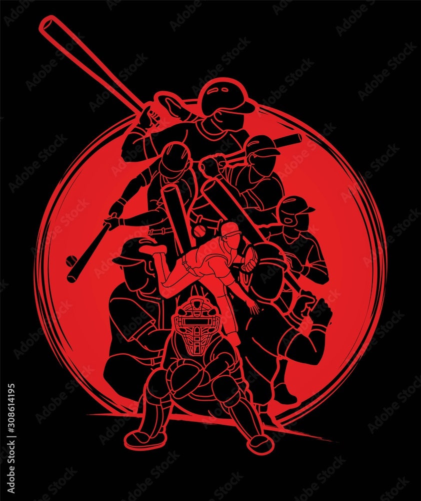 Group of Baseball players action cartoon sport graphic vector.