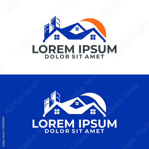 Real estate and mortgage logo template with roof top house and high building in flat design illustration