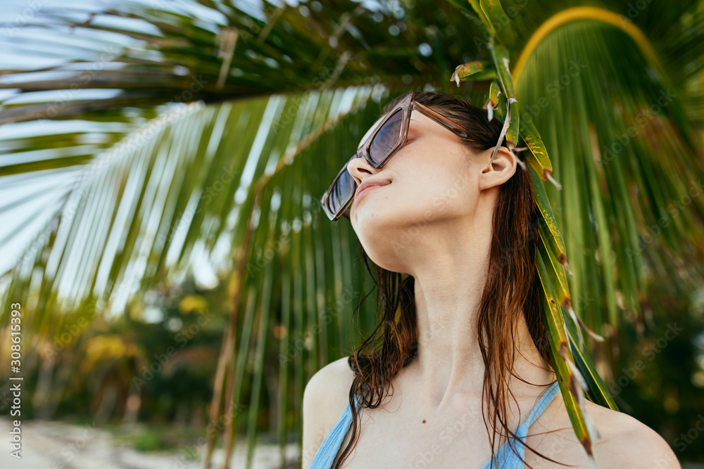 beautiful woman green leaves nature
