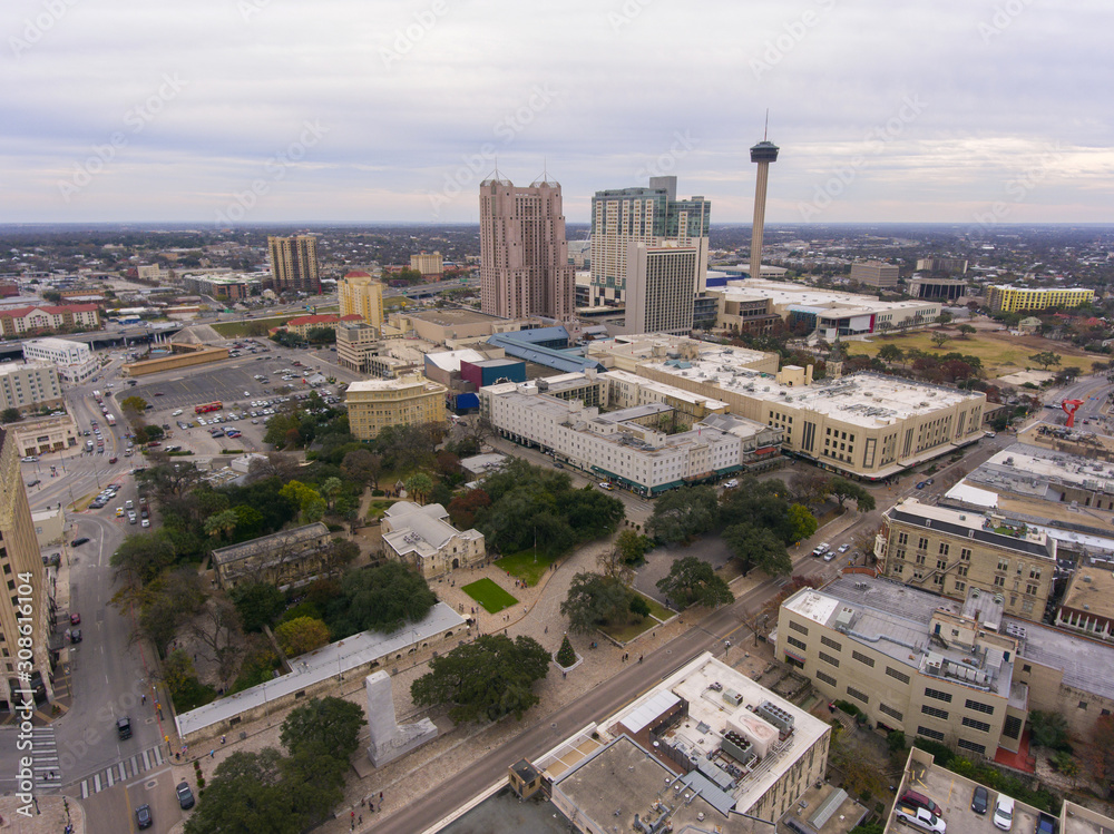 Aerial view of the Alamo Mission and Tower of the Americas in downtown San Antonio, Texas, TX, USA. The Mission is a part of the San Antonio Missions World Heritage Site.