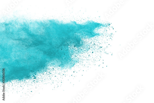 Blue sky color powder explosion on white background.