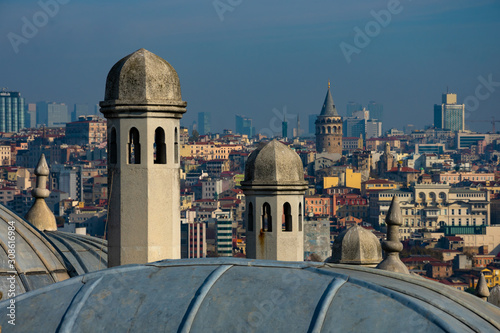 Chimneys, Istanbul city view and Galata Tower taken from Suleymaniye Mosque, Third Hill. Istanbul, Turkey