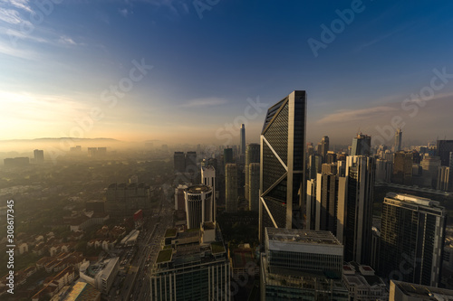 Photography kuala lumpur buildings with dramatic sunrise aerial shot