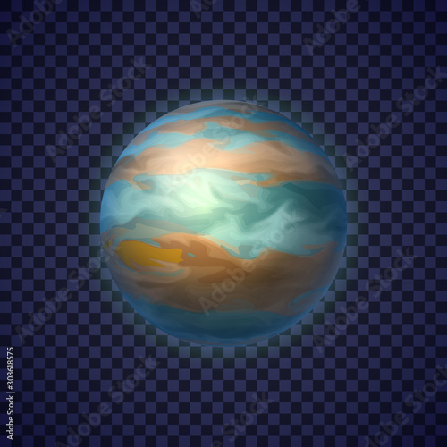 Jupiter gas giant planet on transparent background. Colorful fifth planet of solar system. Galaxy discovery and exploration. Realistic cosmic vector illustration for school education materials.