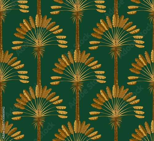 Ornament of Golden palm trees on a green background. Drawing art Deco 20s of the 20th century.
