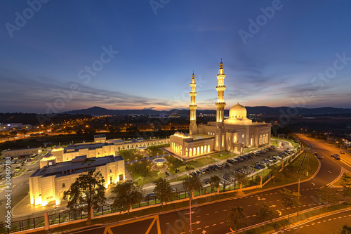 sri sendayan mosque at sendayan negeri sembilan malaysia dramatic blue hour aerial shot