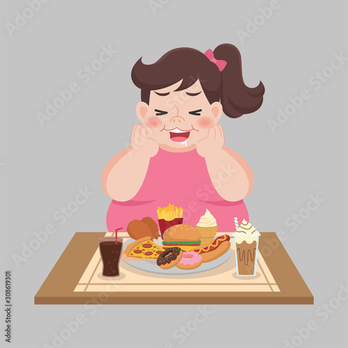Big Fat Happy woman enjoy eat fast food, junk food, chicken drumstick, French fries, Hamburger, diet lose weight, Healthcare concept