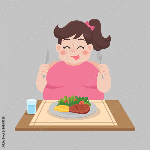 Fat woman ready to eat foods, salad, steak, vegetable weight loss Healthcare concept cartoon.