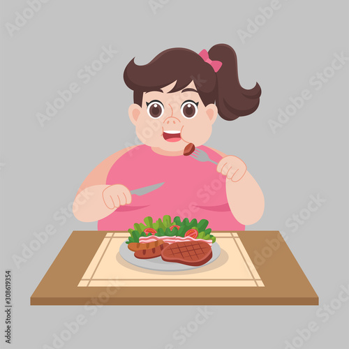 Fat woman ready to eat foods, salad,sausage, steak, vegetable weight loss Healthcare concept cartoon.