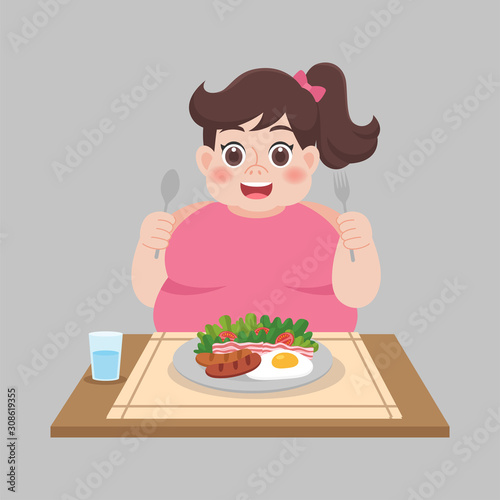 Fat woman ready to eat foods, salad, sausage, vegetable weight loss Healthcare concept cartoon.