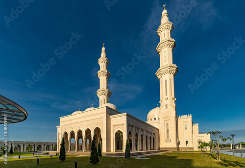 sri sendayan mosque at sendayan negeri sembilan malaysia dramatic blue hour aerial shot